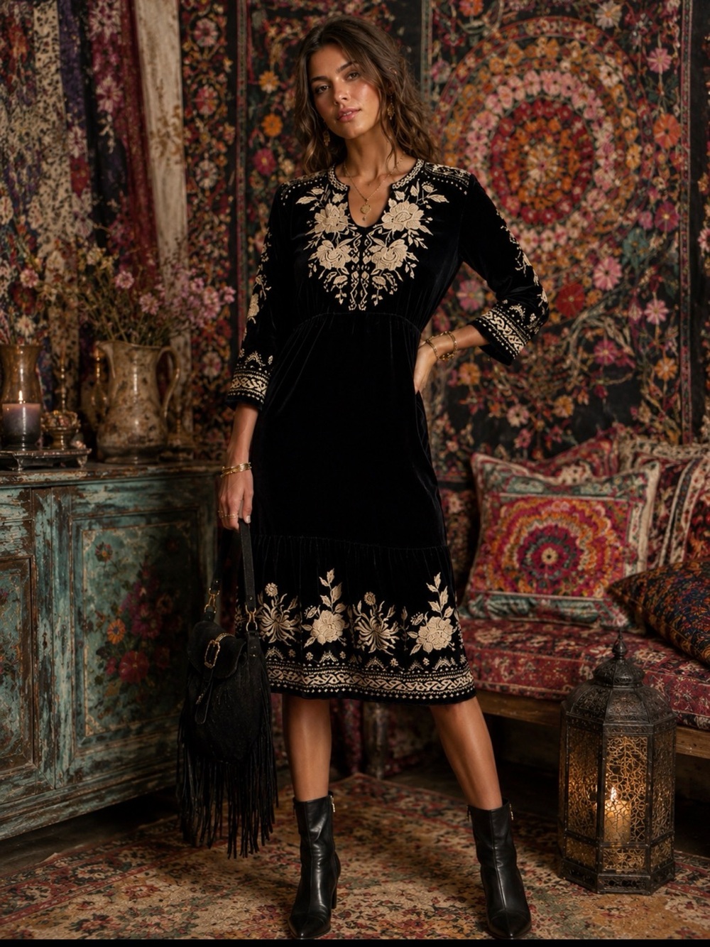Johnny Was Black‎ Magdalene Prairie Velvet Embroidered Long Sleeve Midi Dress M